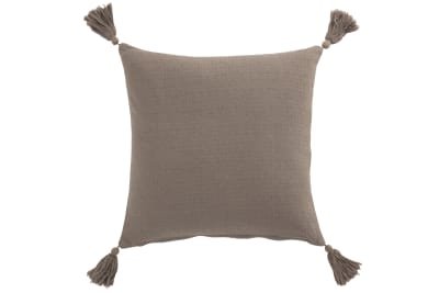 ALMOHADA FLOR + BORLAS ALGODON TOPO