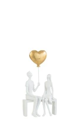 Pareja Sentada Corazón Globo Resina Blanco/Oro