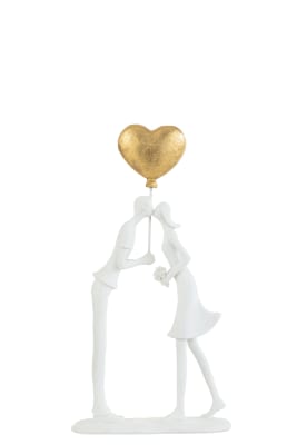 Pareja Beso Corazón Globo Resina Blanco/Oro