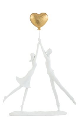 Pareja De Pie Corazón Globo Resina Blanco/Oro
