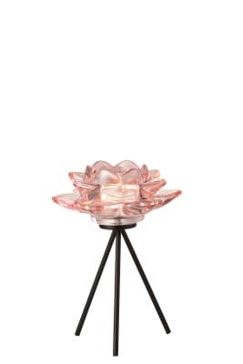 Candelero De Pie Flor Vidrio Rosa