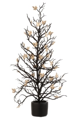 ARBOL DESNUDO+HOJAS EN MACETA PURPURINA PLASTICO NEGRO/ORO LARGE