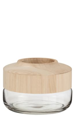 Jarron Ancho Bajo Madera/Cristal Marron Claro