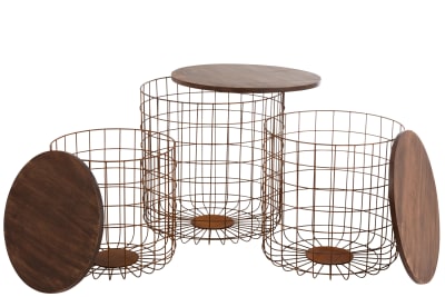 SET DE 3 MESA AUXILIARES CESTA CUERDA METAL OXIDO