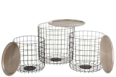 Set De 3 Mesa Auxiliares Cesta Metal Negro/Plata
