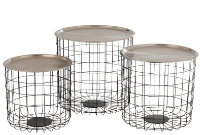 Set De 3 Mesa Auxiliares Cesta Metal Negro/Plata