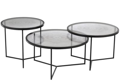 Set De 3 Mesa Auxiliares Círculos Metal/Vidrio Negro