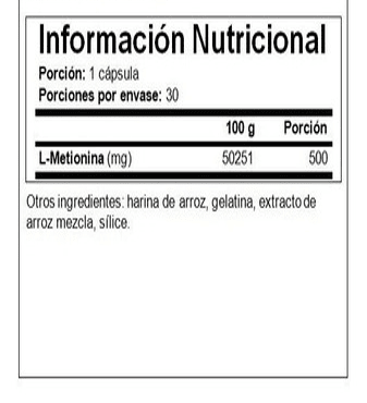 100% Pure L-Methionine 500 mg 30 capsulas 100% Pure L-Methionine 500 mg 30 capsulas