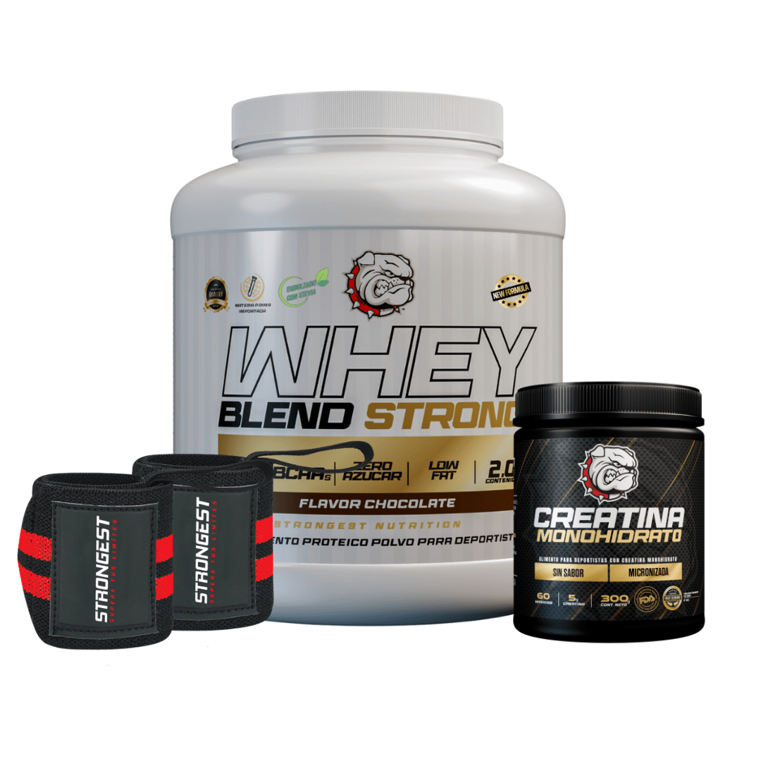 Pack whey blend pie de limon + creatina + muñequera red1