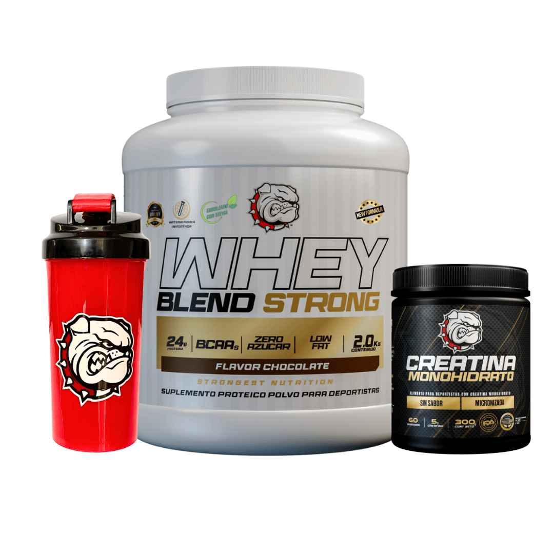 PACK BLEND 2KG CHOCOLATE + CREATINA FDA 300G + SHAKER STRONG DE REGALO1