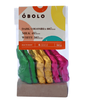 CONEJOS de PASCUA de CHOCOLATE - Mixtos (Dark Colombia 60%, Milk 45%, White 36% ) - 100g – Óbolo