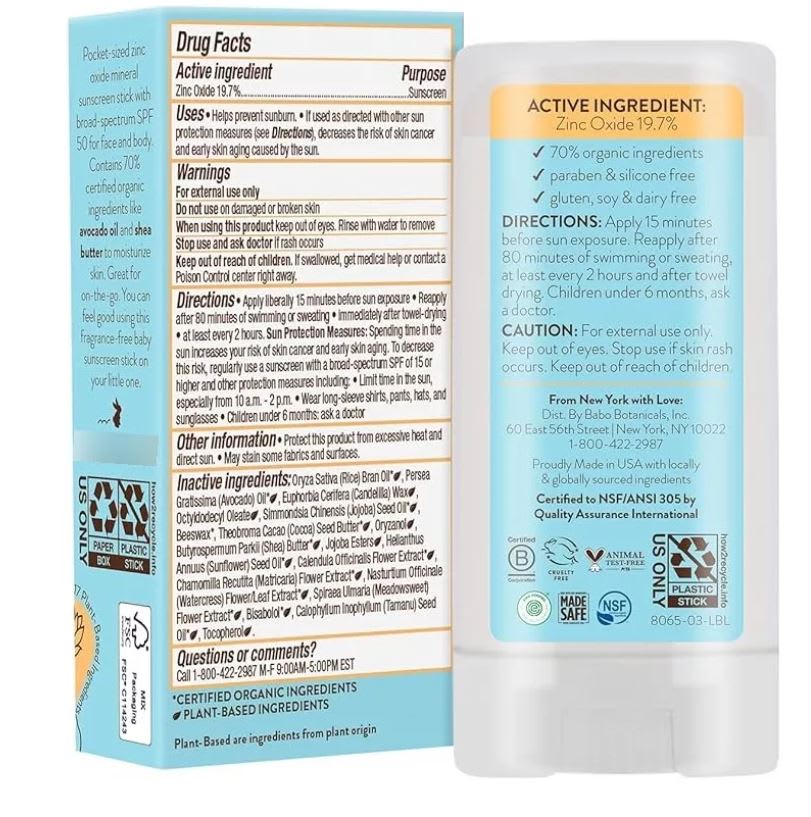 PROTECTOR SOLAR natural bebé piel sensible BARRA SPF 50 - 17 gr - Babo Botanicals2