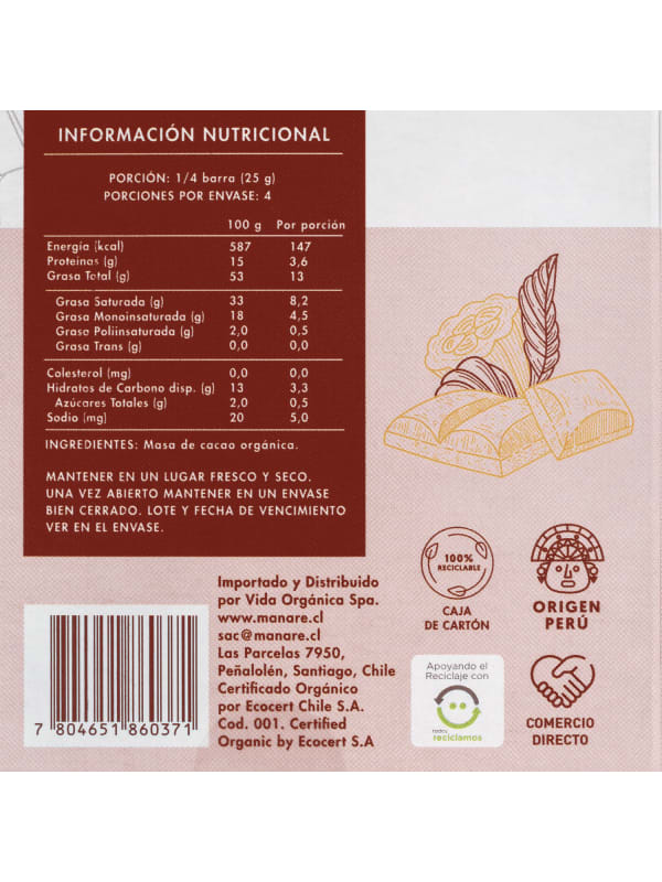 CHOCOLATE orgánico en BARRA 100% - 100g - Manare2