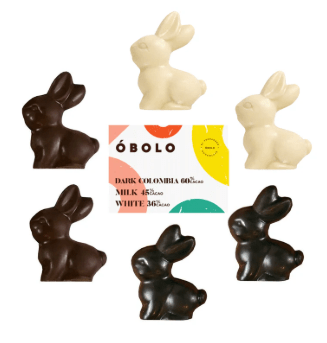 CONEJOS de PASCUA de CHOCOLATE - Mixtos (Dark Colombia 60%, Milk 45%, White 36% ) - 100g – Óbolo2