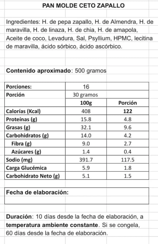 PAN de MOLDE Rebanado - CETO ZAPALLO - SIN GLUTEN (Congelado) - 500g - Vida Natura2