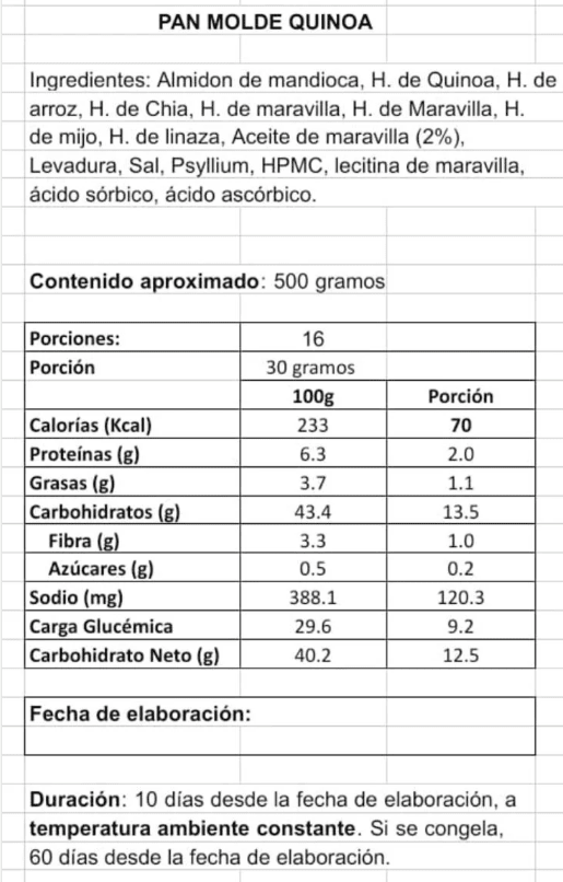 PAN de MOLDE - QUINOA - SIN GLUTEN - 500g - Vida Natura2