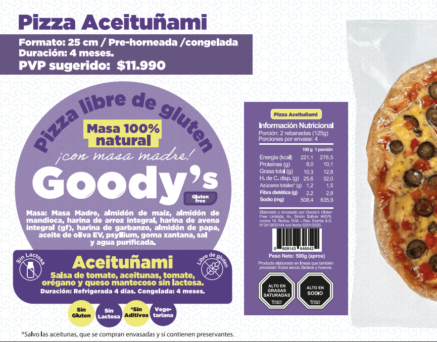 PIZZA ACEITUÑAMI - MASA MADRE - SIN GLUTEN - 500g - Goody´s Gluten Free1