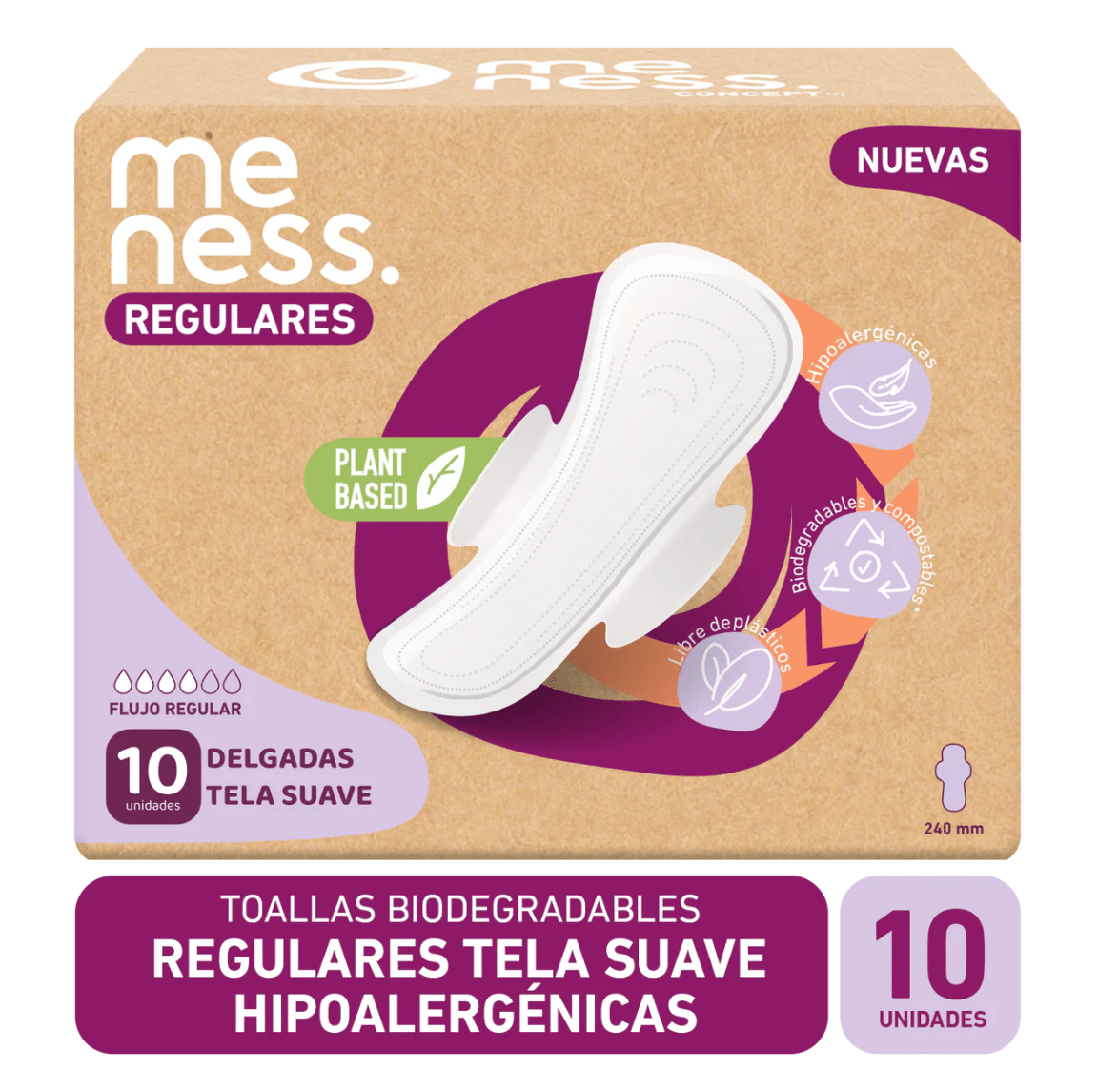 TOALLAS HIGIÉNICAS REGULARES BIODEGRADABLES - 10 Un - MeNess Concept1