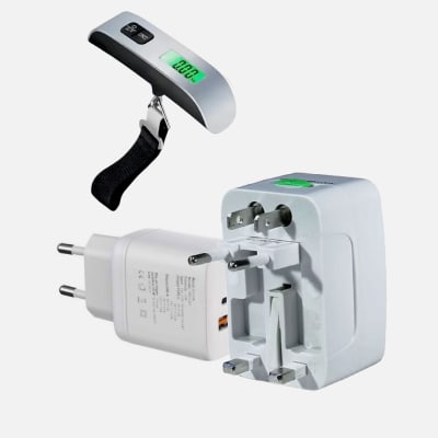 PACK VIAJERO 1: ADAPTADOR DE ENCHUFE INTERNACIONAL + CARGADOR 20W TIPO C BIRLINK + PESA PARA EQUIPAJ