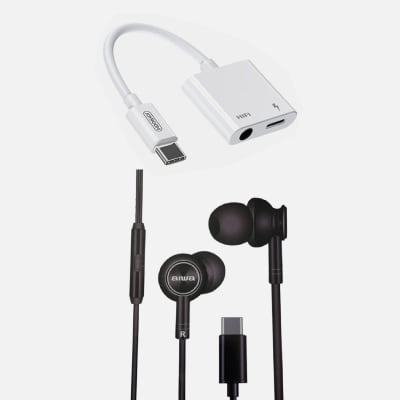 AUDIFONO AIWA CONECTOR TIPO C AW-I30TC + ADAPTADOR TIPO C A TIPO C AUX JOYROOM SH-C1-1
