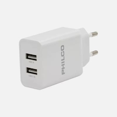 CARGADOR DE PARED 2.1 A DOBLE USB C/CABLE IPHONE R1090 BLANCO