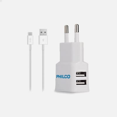 CARGADOR DE PARED 2.1 A DOBLE USB C/CABLE MICRO R2100 BLANCO