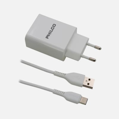 CARGADOR DE PARED 2.1 A DOBLE USB C/CABLE TIPO C R2109 BLANCO