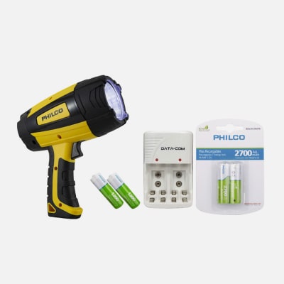PACK CAMPING 3: CARGADOR DE PILAS DATACOM + 2 PILAS REC. AA + 2 PILAS REC. AAA + FOCO LINTERNA REC.
