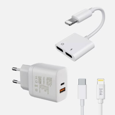 CARGADOR RAPIDO DOBLE 20W CABLE LIGHTNING BIRLINK BR10357 + JOYROOM CONVERTIDOR 1 LIGHTNING A 2 LIGH