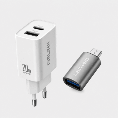 CARGADOR RAPIDO DOBLE 20W CABLE TIPO-C BIRLINK + LENYES - ADAPTADOR OTG USB-H A MICRO USB AX114 DE R