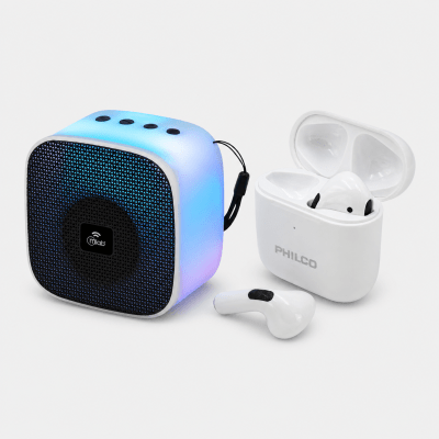 MLAB PARLANTE MINI FLAMING CUBE 5W + Audifono Philco True Wireless TWD3B Touch Blanco1