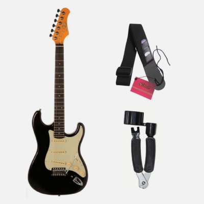 GUITARRA ELECTRICA EKO S-300 VINTAGE BLACK + CORREA GUITAR CON PORTA UÑETAS NUTECH + 3 UÑETAS + ENRR1
