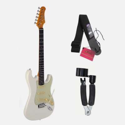 GUITARRA ELECTRICA EKO S-300 VINTAGE OLYMPIC WHITE + CORREA GUITAR CON PORTA UÑETAS NUTECH + 3 UÑETA1