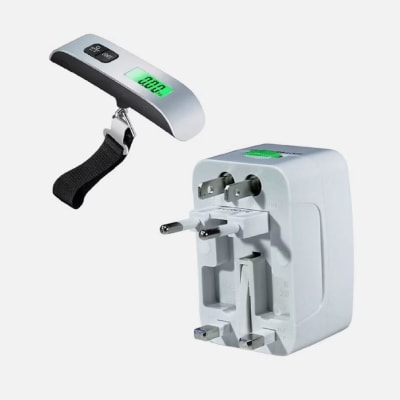 PACK VIAJERO: ADAPTADOR UNIVERSAL DE ENCHUFE TL357 + PESA PARA EQUIPAJE DM00351