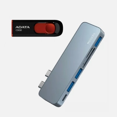 PENDRIVE ADATA AC008 USB 2.0 64 GB NEGRO/ROJO + ADAPTADOR YESIDO HB10 6 EN 1 TIPO C TF SD USB DOBLE