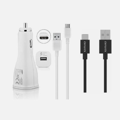 SAMSUNG CARGADOR DE AUTO USB 3.0 BLANCO LN915 + CABLE ORIGINAL + AIWA - CABLE USB TYPC V 1.8 M AWCSA1