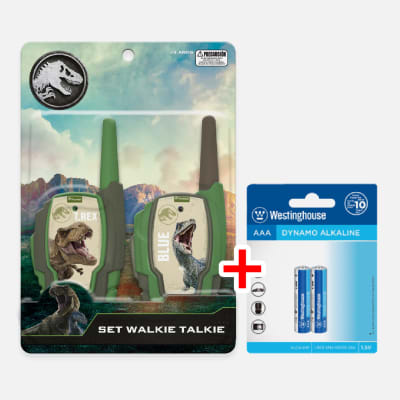 SET WALKIE TALKIE JURASSIC WORLD + 3 PACK DE PILAS AAAX2 WESTINGHOUSE