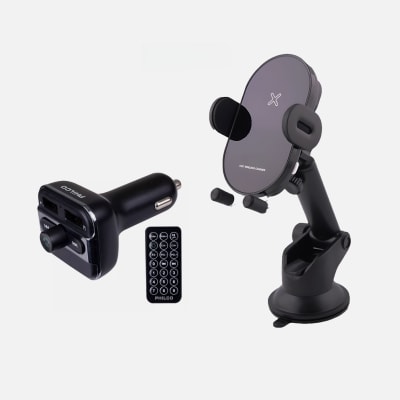 PACK VIAJERO CAR 1: SOPORTE DE TELEFONO CON CARGA INAL. TECMASTER + TRANSMISOR DE AUDIO PHILCO BT400