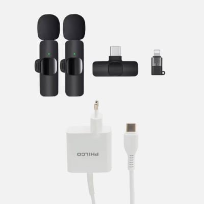 TECMASTER MICRÓFONO DUAL PARA IPHONE Y ANDROID TM-300527 + CARG. DE PARED SUPER RAPIDO 30W USB A Y T1