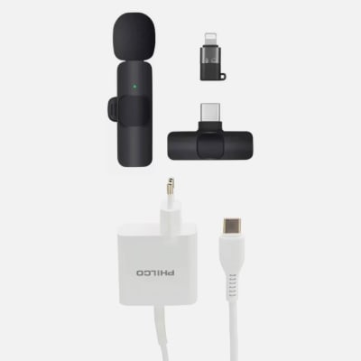 TECMASTER MICRÓFONO INALÁMBRICO PARA IPHONE Y TIPO C TM-300518 + CARG. DE PARED SUPER RAPIDO 30W USB1