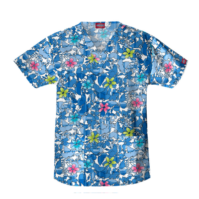 Top Dickies Cuello V Flores Azul Rey1