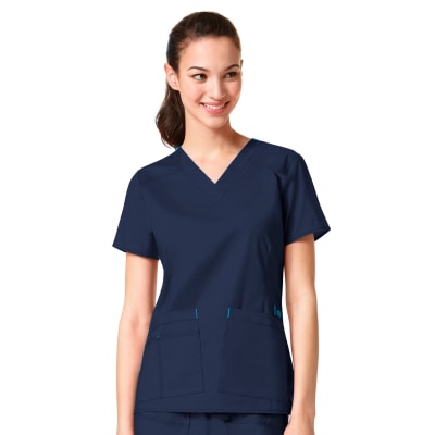 Top Wonderflex Cuello V Azul Marino detalle Celeste cuello1