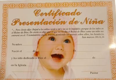 CERTIFICADO DE PRESENTACION DE NIÑA CERTIFICADO DE PRESENTACION DE NIÑA
