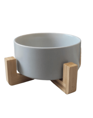 PLATO DE CERÁMICA CON BASE DE MADERA- (GRIS)