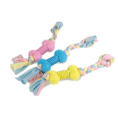 JUGUETE HUESO MORDEDOR CON CUERDA DE TRAPILLO ROSADO