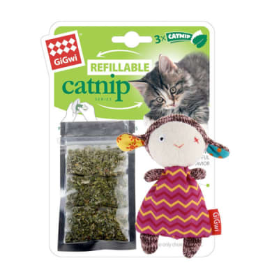 GIGWI SHEEP REFILLABLE CATNIP W/3 CATNIP TEABAGS IN ZIPLOCK BAG