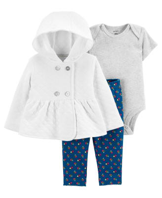 Conjunto Carter´s 3 piezas cardigan acolchado, patas azul y body gris
