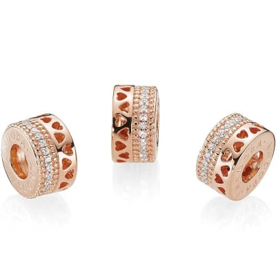 Separador Pandora huecos de corazones y franja brillantes rose gold1