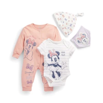 Conjunto Primark 4 piezas Minnie damasco/blanco babero lila
