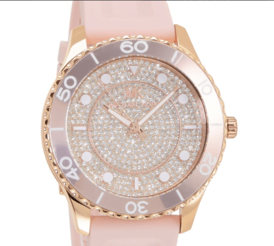 Reloj mujer Michael Kors correa goma rosado circunferencia rosegold con numeros y fondo brilllante 1